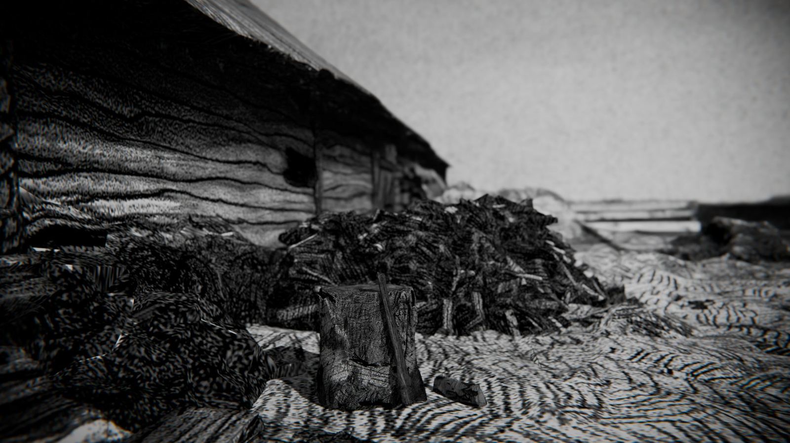 A chopping block with an axe beside a log barn, in black and white hatching.