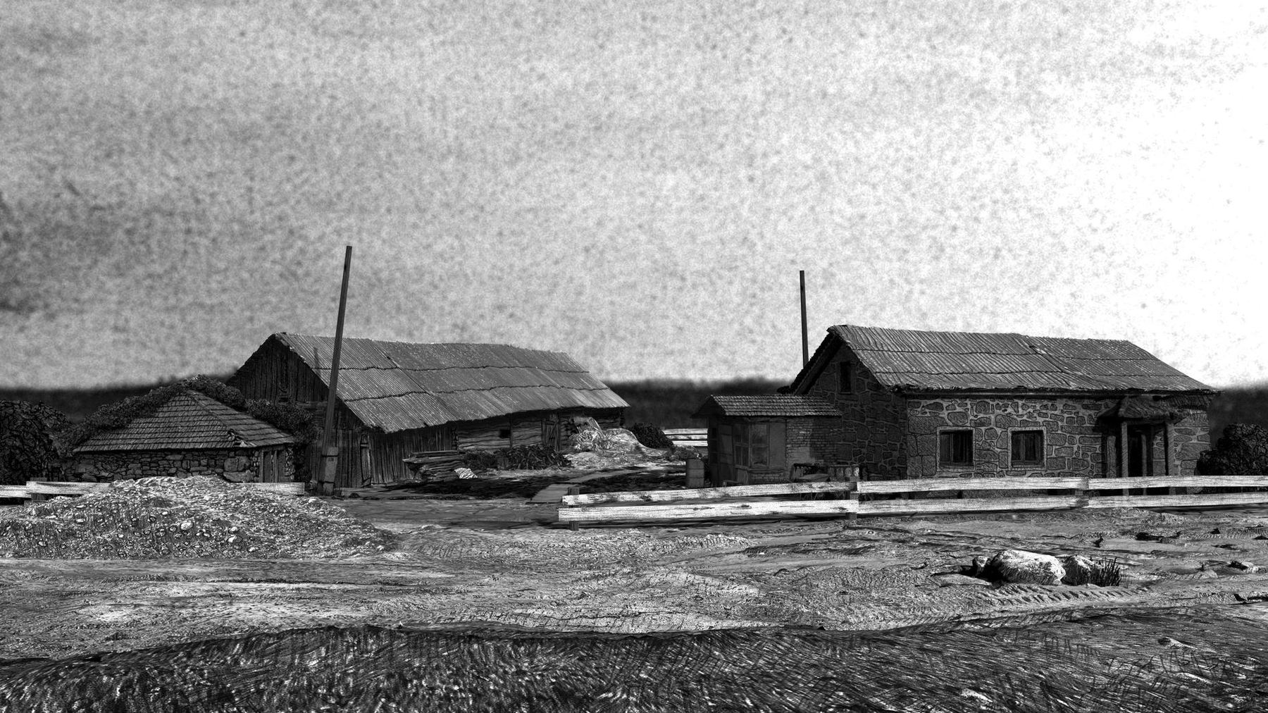 A village of four low houses under a white sky, drawn in black and white hatching.