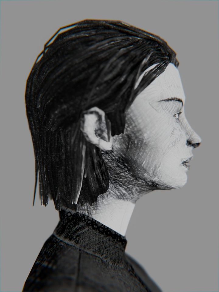 Profile of the wife, in black and white hatching.