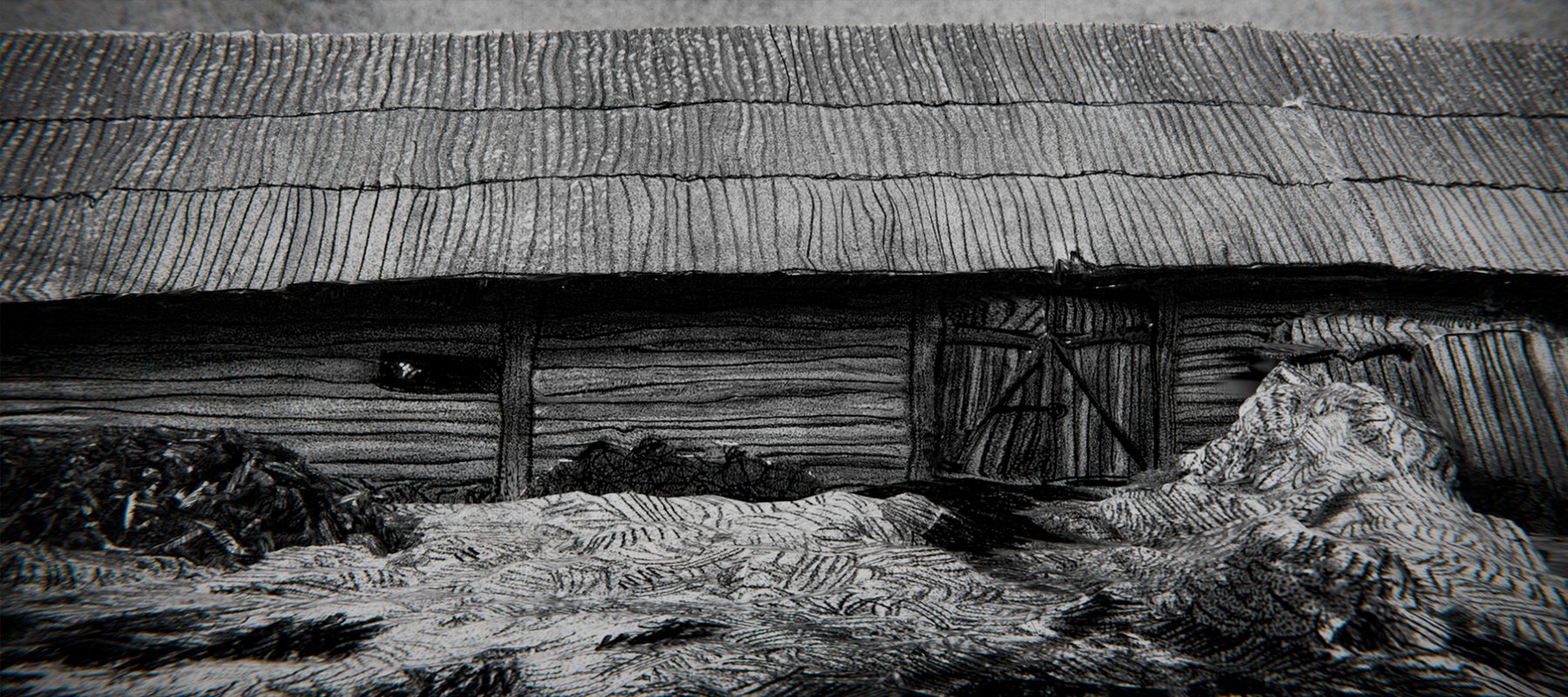 A long low shed with a wide roof and open front, drawn in black and white hatching.