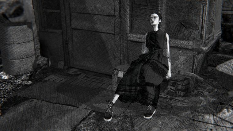 The wife sitting on a stone step by a wooden door.