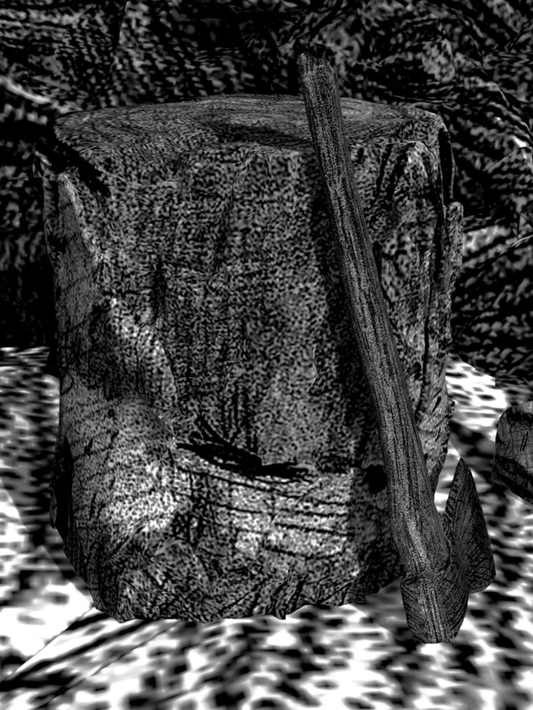 Close up of a chopping block and axe in dense hatching.
